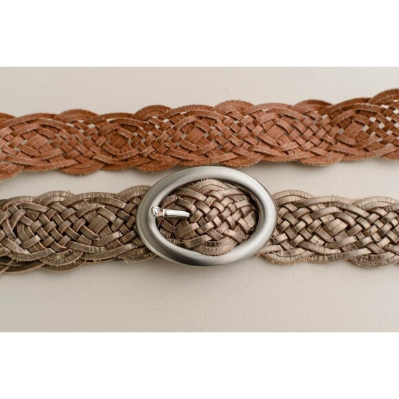 Talbots Womens gold tone Leather Woven Braided Silver Oval Buckle Belt 3X - Picture 2 of 5